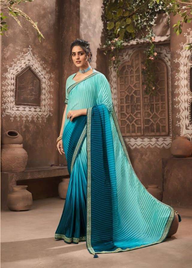 DESIGNER FANCY WEDDING PARTY WEAR DESIGNER CHIONON SILK CRUSHED SKY BLUE SAREE JT KAVIRA SUHAN 4003