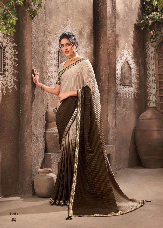 DESIGNER FANCY WEDDING PARTY WEAR DESIGNER CHIONON SILK CRUSHED BROWN SAREE JT KAVIRA SUHAN 4004