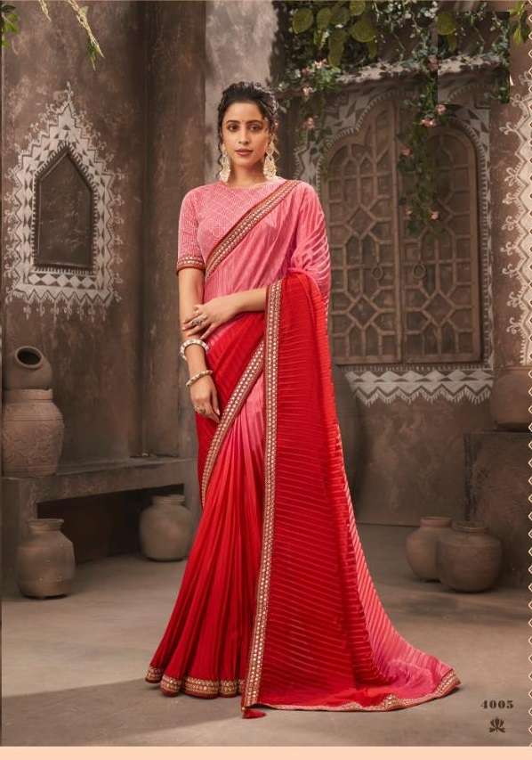 DESIGNER FANCY WEDDING PARTY WEAR DESIGNER CHIONON SILK CRUSHED RED SAREE JT KAVIRA SUHAN 4005