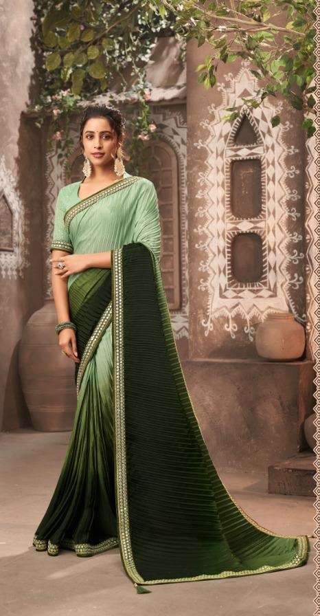 DESIGNER FANCY WEDDING PARTY WEAR DESIGNER CHIONON SILK CRUSHED DARK GREEN SAREE JT KAVIRA SUHAN 4006