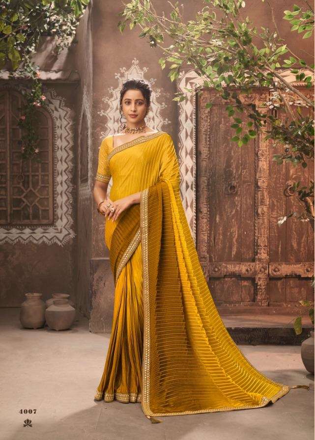 DESIGNER FANCY WEDDING PARTY WEAR DESIGNER CHIONON SILK CRUSHED YELLOW SAREE JT KAVIRA SUHAN 4007