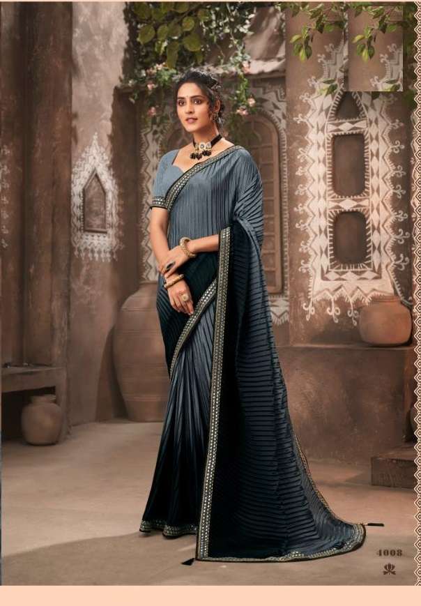 DESIGNER FANCY WEDDING PARTY WEAR DESIGNER CHIONON SILK CRUSHED GREY BLACK SAREE JT KAVIRA SUHAN 4008