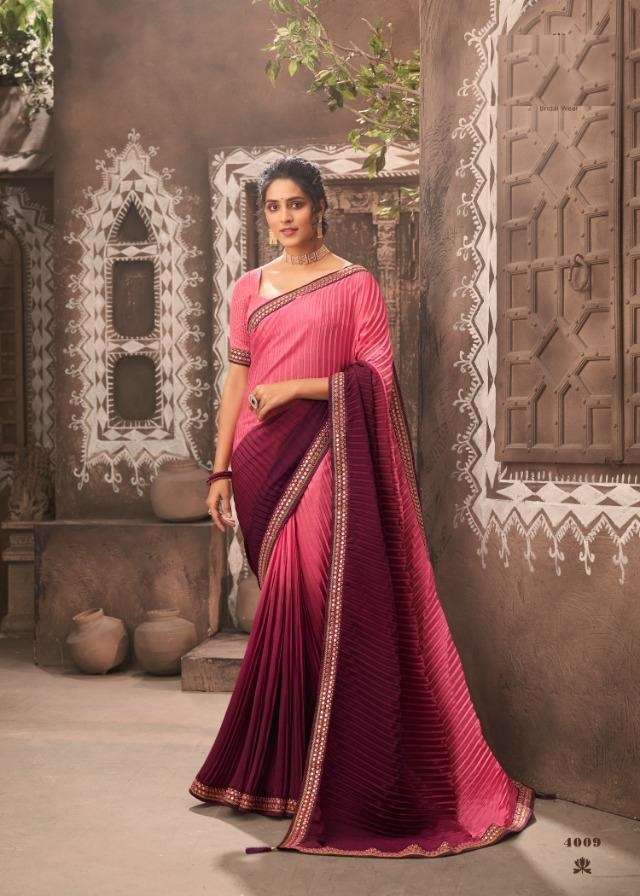 DESIGNER FANCY WEDDING PARTY WEAR DESIGNER CHIONON SILK CRUSHED PINK MAROON SAREE JT KAVIRA SUHAN 4009