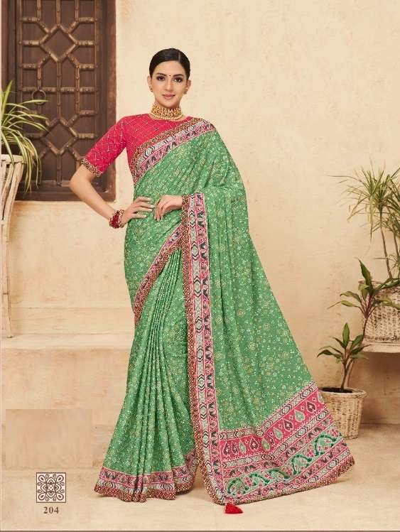 DESIGNER FANCY WEDDING PARTY WEAR DESIGNER GREEN CHINON SILK FABRIC SAREE SM KAVIRA PUNAM 204