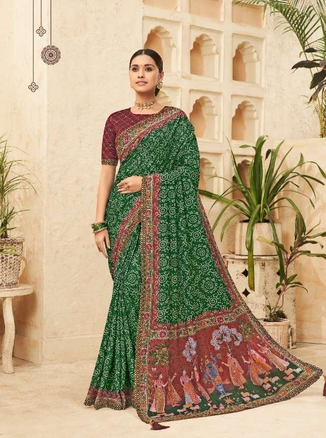 DESIGNER FANCY WEDDING PARTY WEAR DESIGNER GREEN CHINON SILK FABRIC SAREE SM KAVIRA PUNAM 209