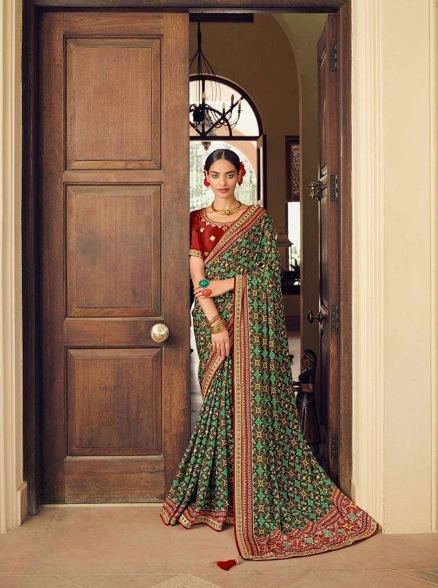 DESIGNER FANCY WEDDING PARTY WEAR DESIGNER GREEN PATOLA CHINON SILK FABRIC SAREE SM KAVIRA SYONEE 501