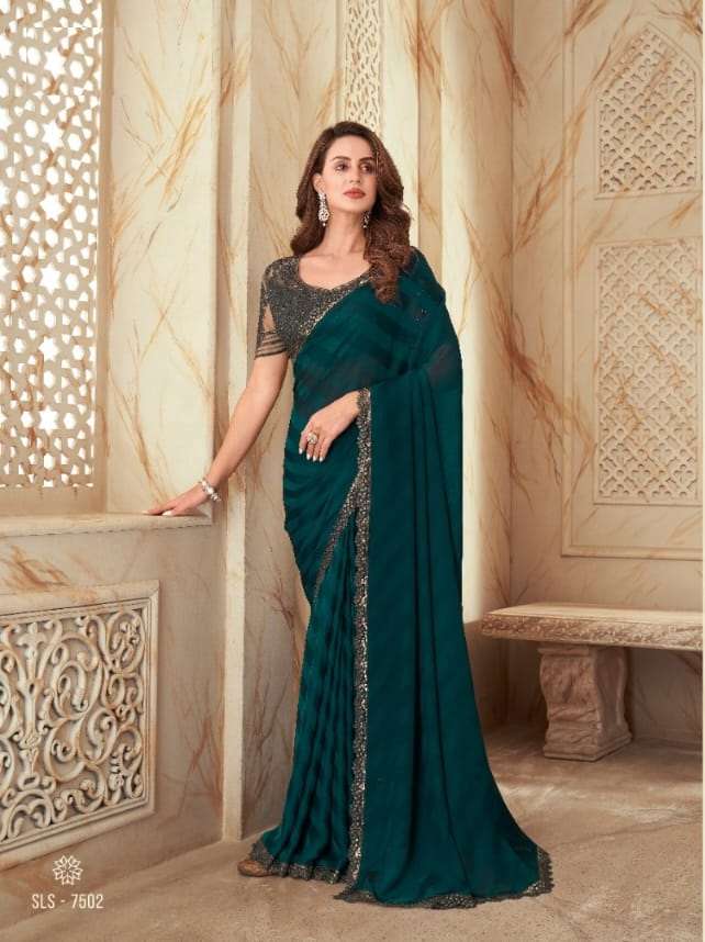 DESIGNER FANCY WEDDING PARTY WEAR DESIGNER GREEN SILK SAREE SM TFH SALSA 7502