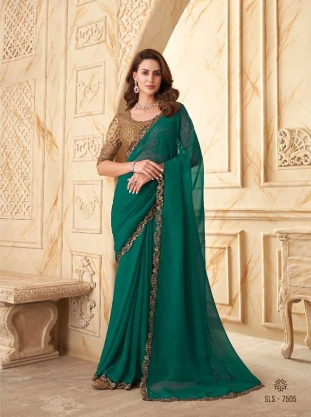 DESIGNER FANCY WEDDING PARTY WEAR DESIGNER GREEN SILK SAREE SM TFH SALSA 7505