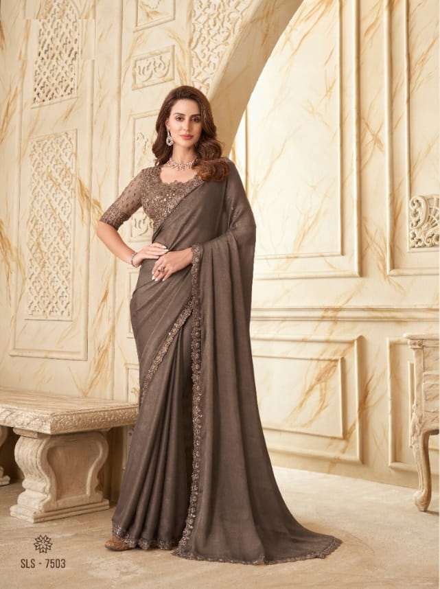 DESIGNER FANCY WEDDING PARTY WEAR DESIGNER GREY SILK SAREE SM TFH SALSA 7503