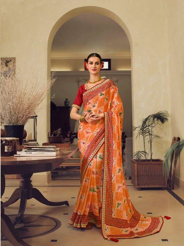 DESIGNER FANCY WEDDING PARTY WEAR DESIGNER ORANGE PATOLA CHINON SILK FABRIC SAREE SM KAVIRA SYONEE 508