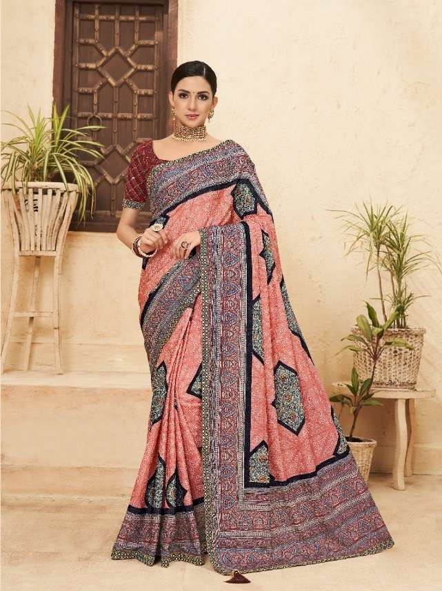 DESIGNER FANCY WEDDING PARTY WEAR DESIGNER PEACE CHINON SILK FABRIC SAREE SM KAVIRA PUNAM 206