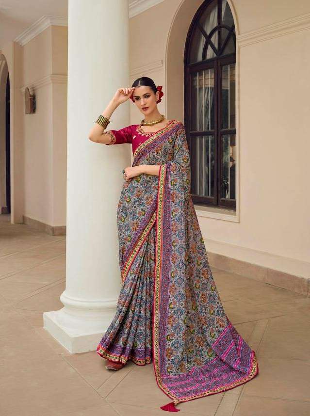 DESIGNER FANCY WEDDING PARTY WEAR DESIGNER PINK PATOLA CHINON SILK FABRIC SAREE SM KAVIRA SYONEE 509