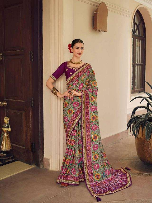 DESIGNER FANCY WEDDING PARTY WEAR DESIGNER PURPLE PATOLA CHINON SILK FABRIC SAREE SM KAVIRA SYONEE 506