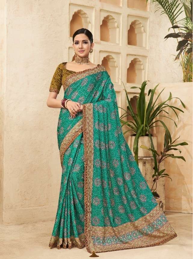 DESIGNER FANCY WEDDING PARTY WEAR DESIGNER RAMA CHINON SILK FABRIC SAREE SM KAVIRA PUNAM 208