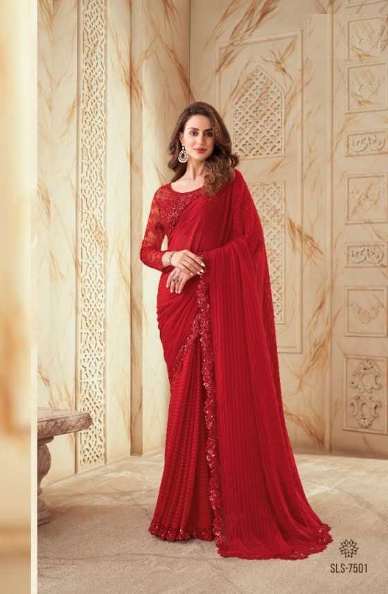 DESIGNER FANCY WEDDING PARTY WEAR DESIGNER RED SILK SAREE SM TFH SALSA 7501