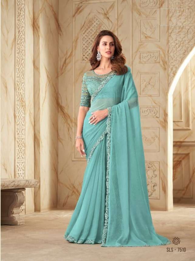 DESIGNER FANCY WEDDING PARTY WEAR DESIGNER SKY BLUE SILK SAREE SM TFH SALSA 7510