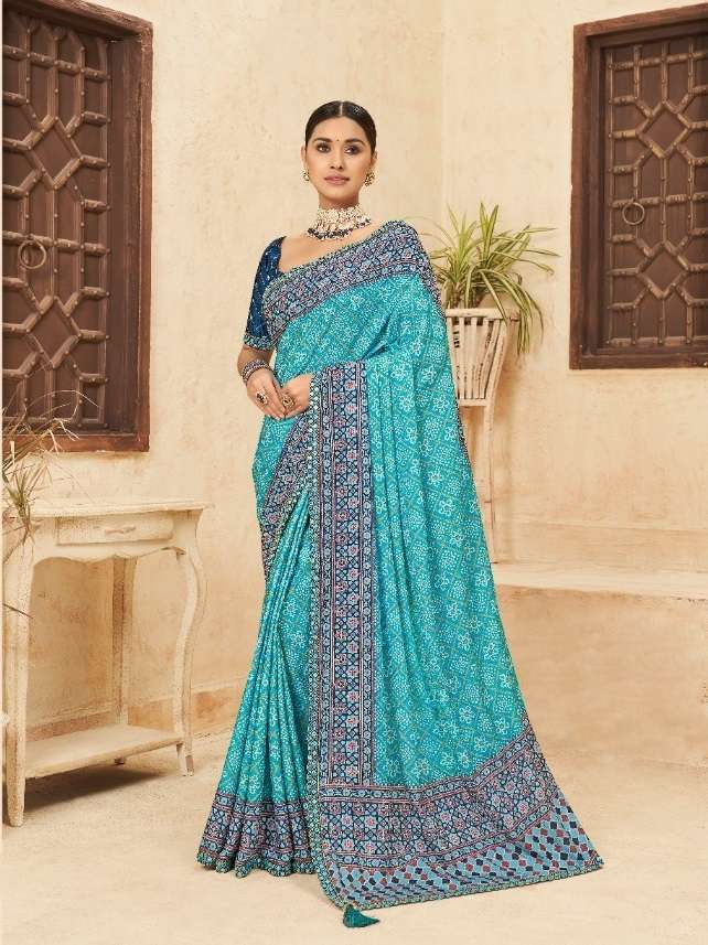 DESIGNER FANCY WEDDING PARTY WEAR DESIGNER SKY CHINON SILK FABRIC SAREE SM KAVIRA PUNAM 201