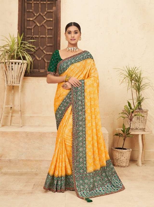 DESIGNER FANCY WEDDING PARTY WEAR DESIGNER YELLOW CHINON SILK FABRIC SAREE SM KAVIRA PUNAM 205