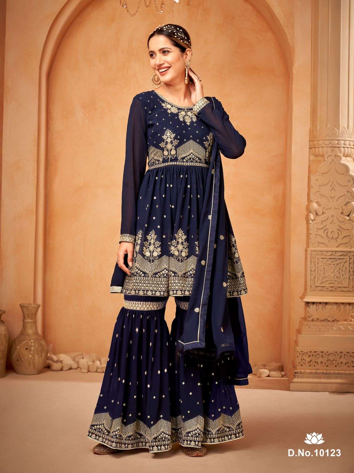 DESIGNER FANCY WEDDING PARTY WEAR FAUX GEORGETTE BLUE SHARARA SALWAR SUIT ANJUBAA 10123