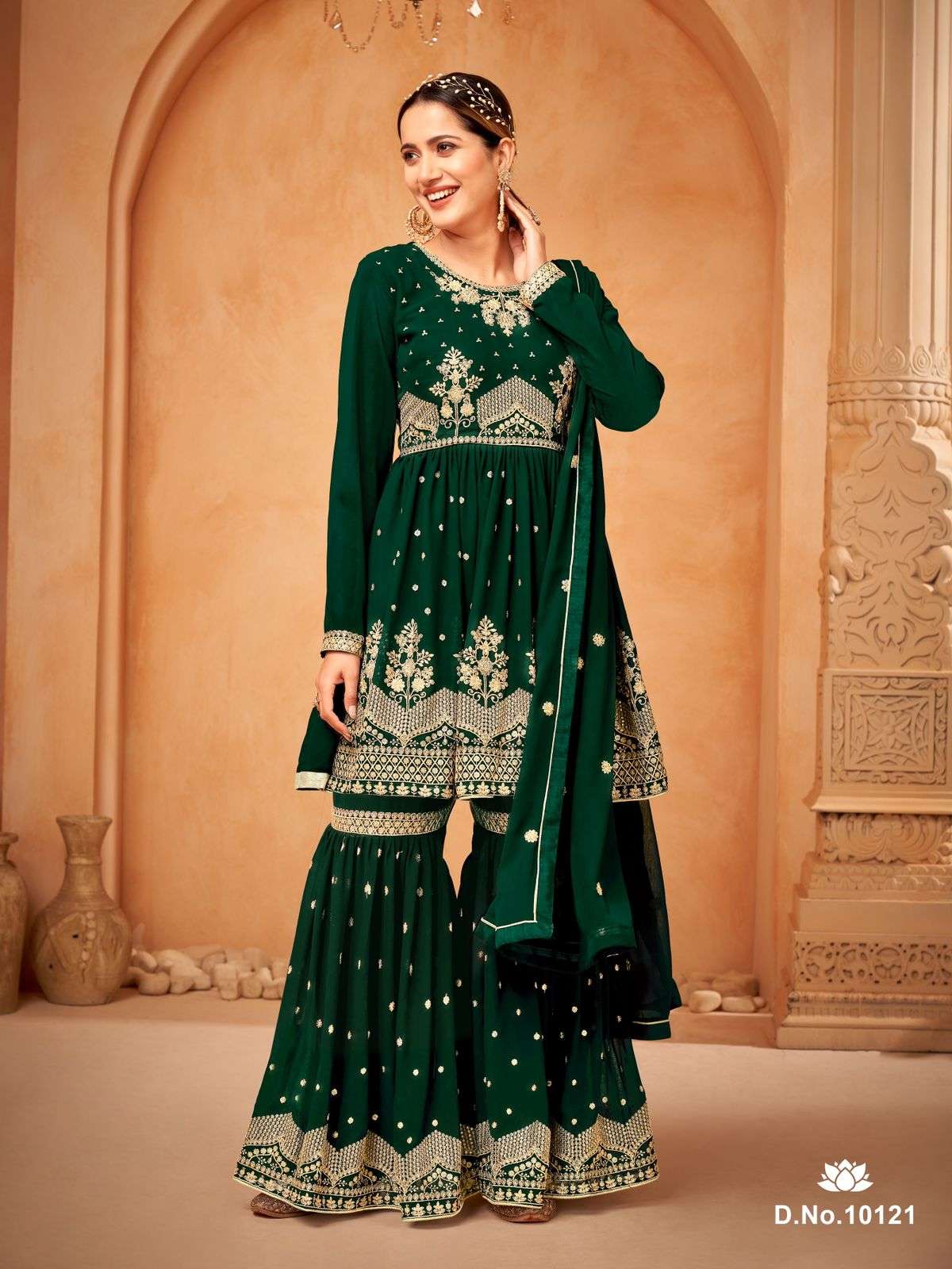 DESIGNER FANCY WEDDING PARTY WEAR FAUX GEORGETTE GREEN SHARARA SALWAR SUIT ANJUBAA 10121