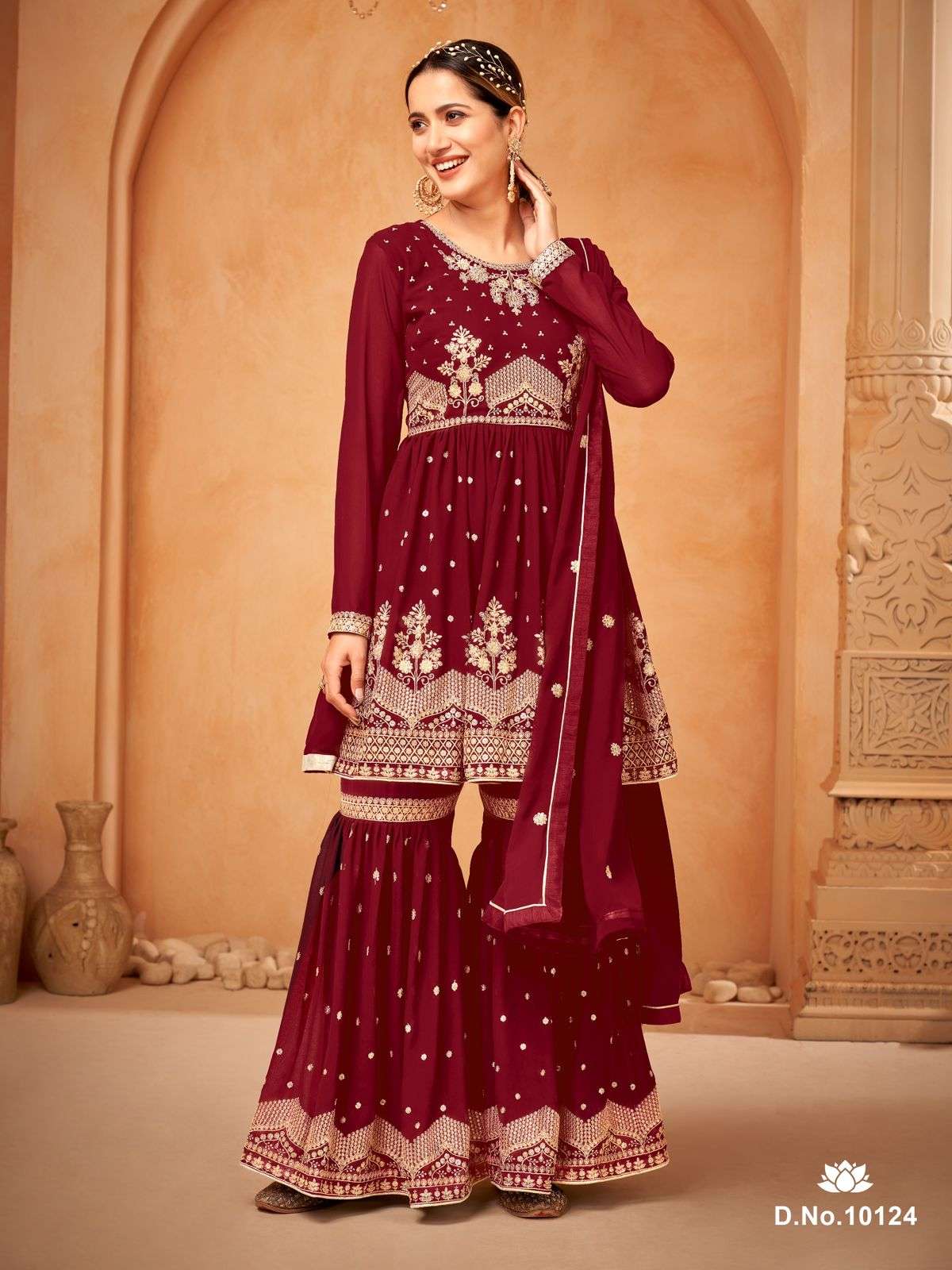 DESIGNER FANCY WEDDING PARTY WEAR FAUX GEORGETTE RED SHARARA SALWAR SUIT ANJUBAA 10124