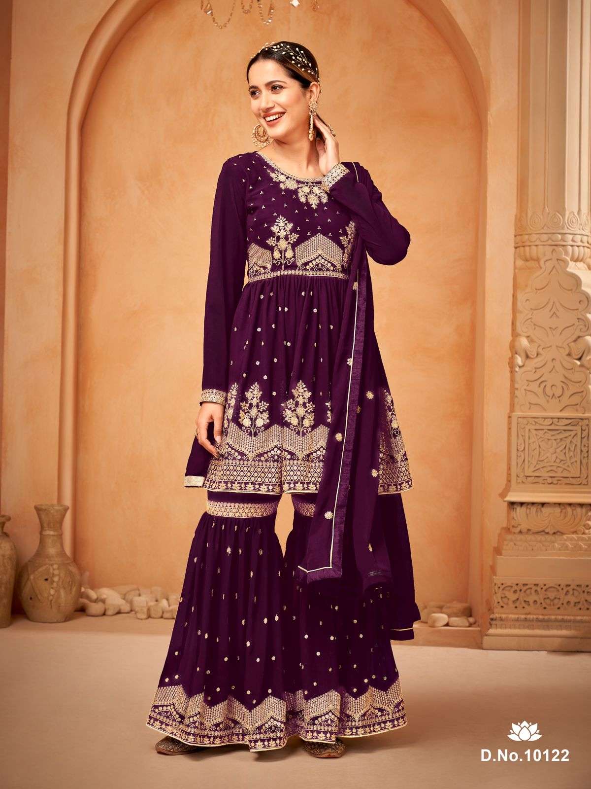 DESIGNER FANCY WEDDING PARTY WEAR FAUX GEORGETTE WINE PURPLE SHARARA SALWAR SUIT ANJUBAA 10122