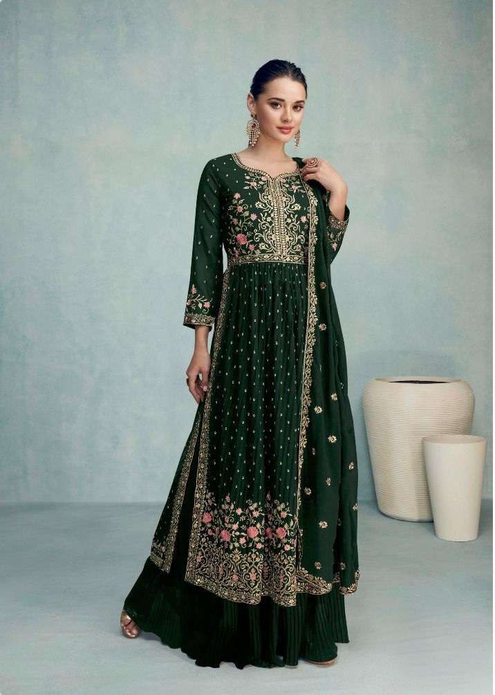 DESIGNER FANCY WEDDING PARTY WEAR GEORGETTE NAYRA CUT GREEN SHARARA SALWAR SUIT GULKARIYA NAYRA 7204C