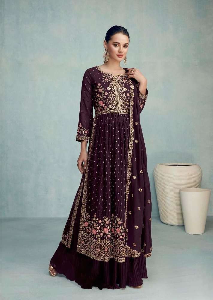 DESIGNER FANCY WEDDING PARTY WEAR GEORGETTE NAYRA CUT PURPLE WINE SHARARA SALWAR SUIT GULKARIYA NAYRA 7204D