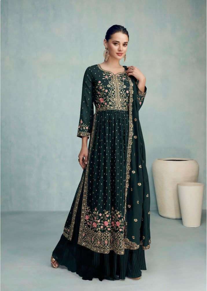 DESIGNER FANCY WEDDING PARTY WEAR GEORGETTE NAYRA CUT GREEN SHARARA SALWAR SUIT GULKARIYA NAYRA 7204E