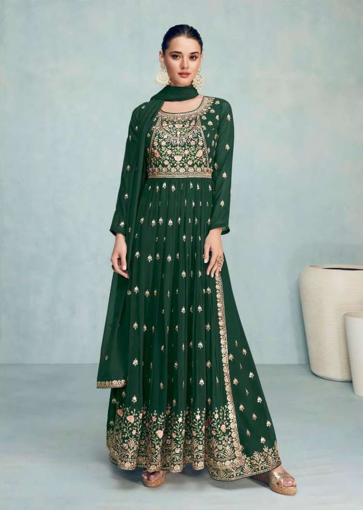 DESIGNER FANCY WEDDING PARTY WEAR GREEN GEORGETTE ANARKALI SALWAR SUIT GOWN GULKARIYA NAYRA 7206D