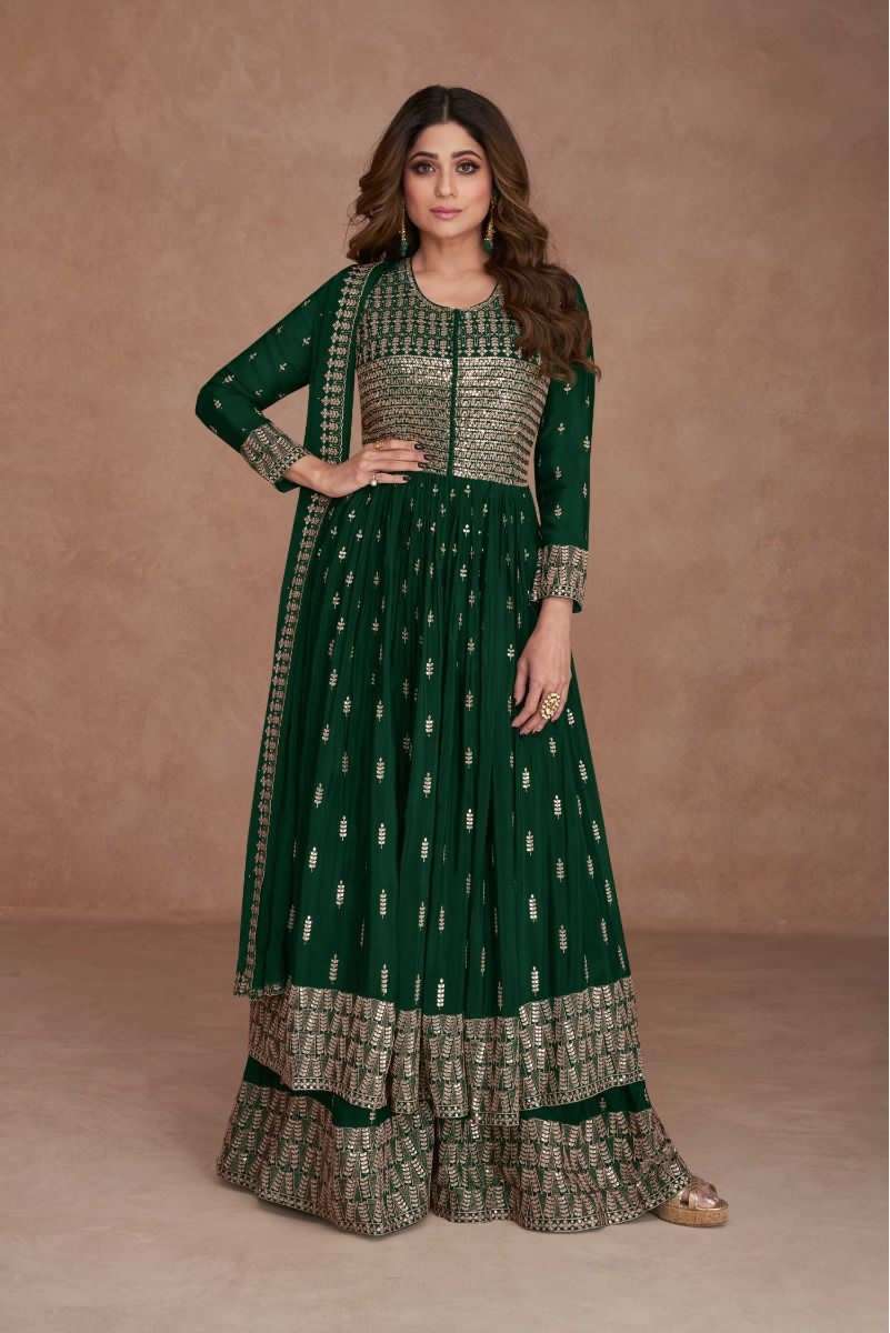 DESIGNER FANCY WEDDING PARTY WEAR GREEN NAYRA CUT GEORGETTE SHARARA SALWAR SUIT AF IDIKA 9538