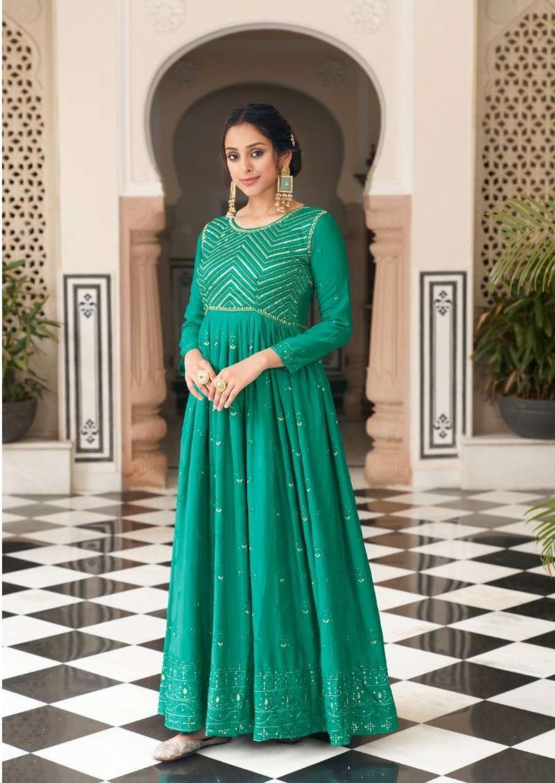 DESIGNER FANCY WEDDING PARTY WEAR GREEN READYMADE ANARKALI SALWAR SUIT GOWN EB PARISHA 1534