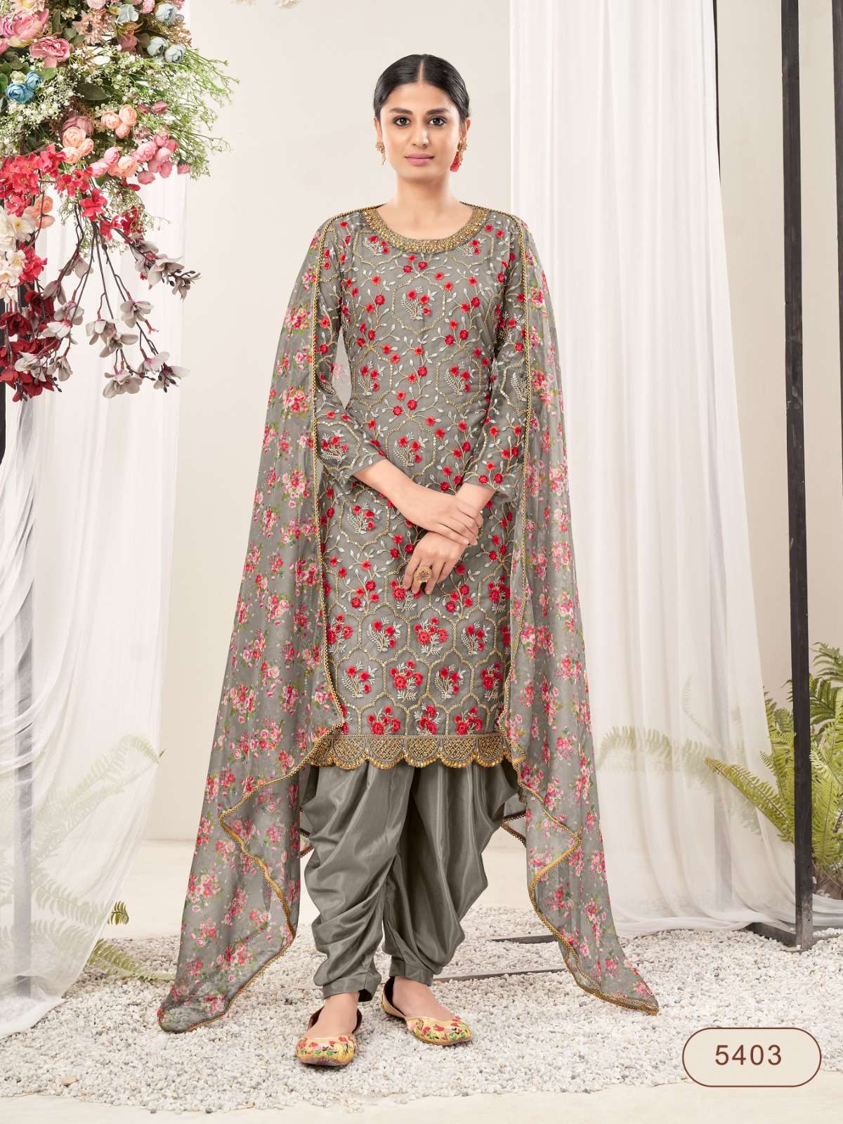 DESIGNER FANCY WEDDING PARTY WEAR GREY PATIYALA SALWAR SUIT IN NET AANAYA 5403