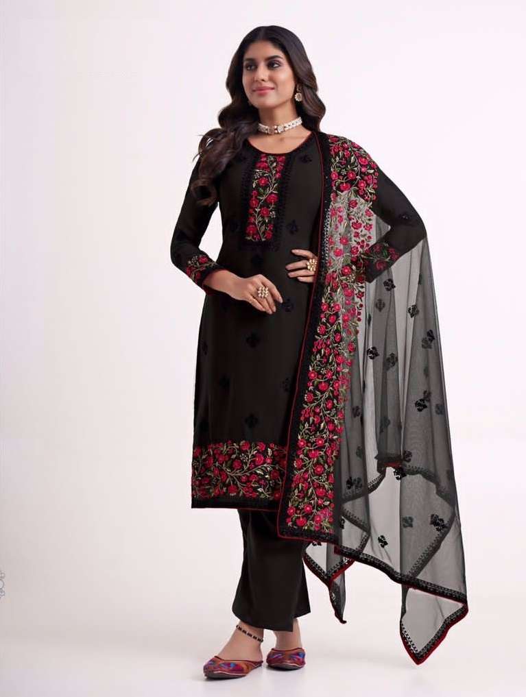 DESIGNER FANCY WEDDING PARTY WEAR HEAVY BLACK FAUX GEORGETTE SALWAR SUIT ALZ ALMORA 3028