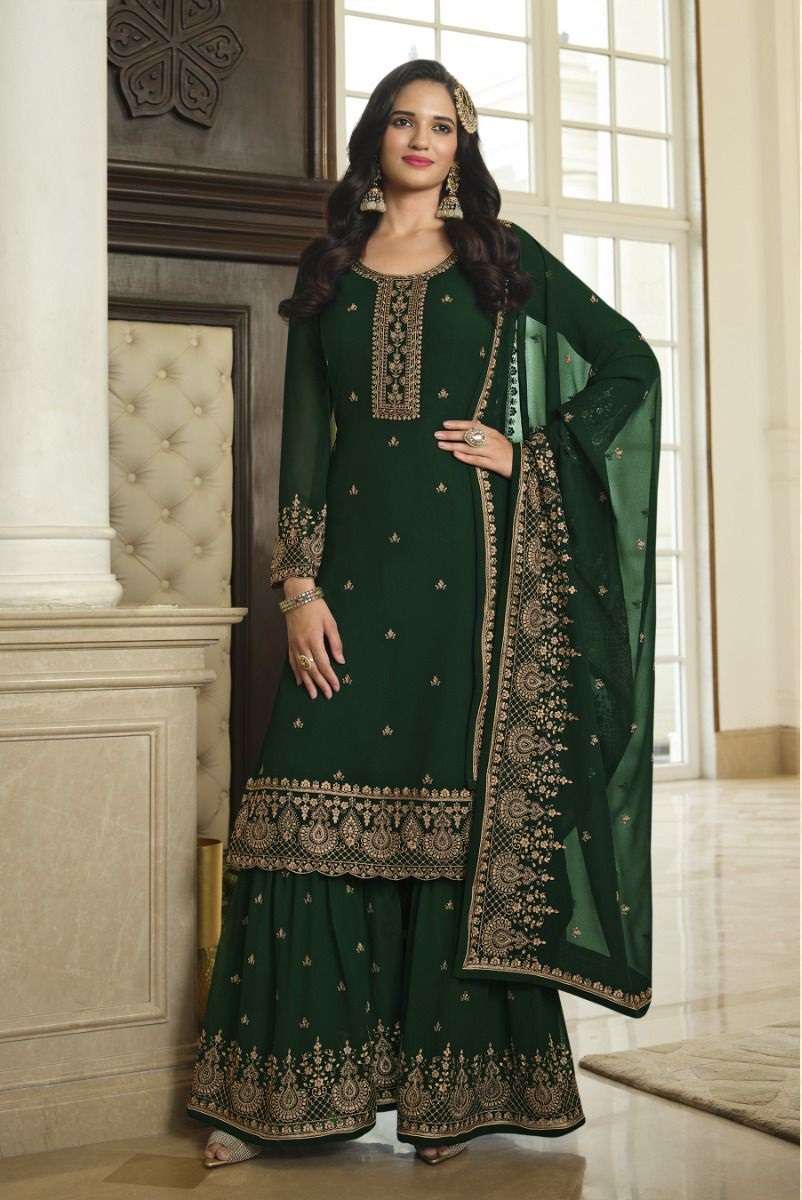 DESIGNER FANCY WEDDING PARTY WEAR HEAVY FAUX GEORGETTE GREEN SHARARA SALWAR SUIT JG LT 8302A