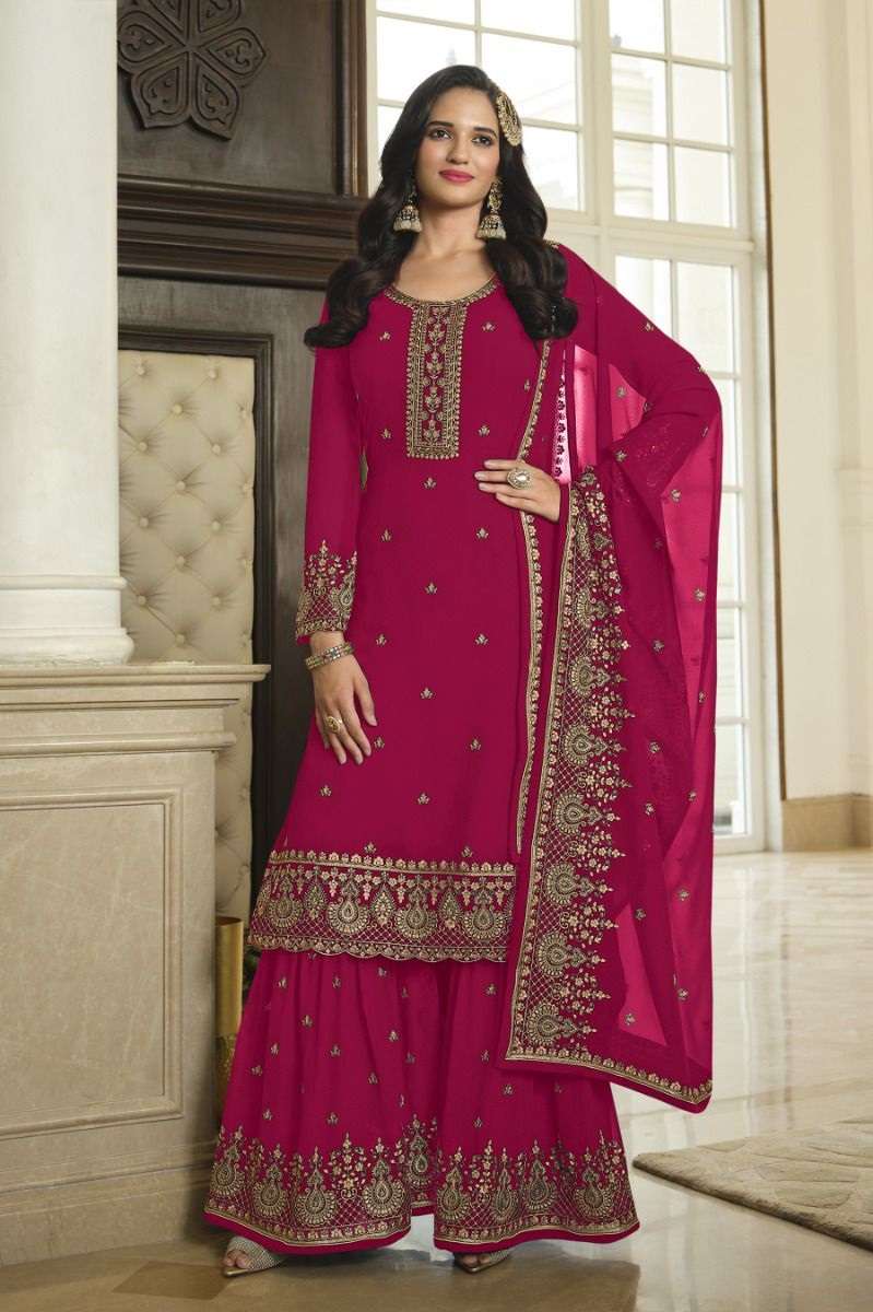 DESIGNER FANCY WEDDING PARTY WEAR HEAVY FAUX GEORGETTE RANI PINK SHARARA SALWAR SUIT JG LT 8302B