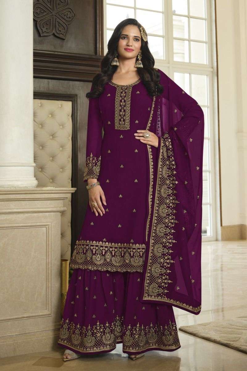 DESIGNER FANCY WEDDING PARTY WEAR HEAVY FAUX GEORGETTE PURPLE SHARARA SALWAR SUIT JG LT 8302D