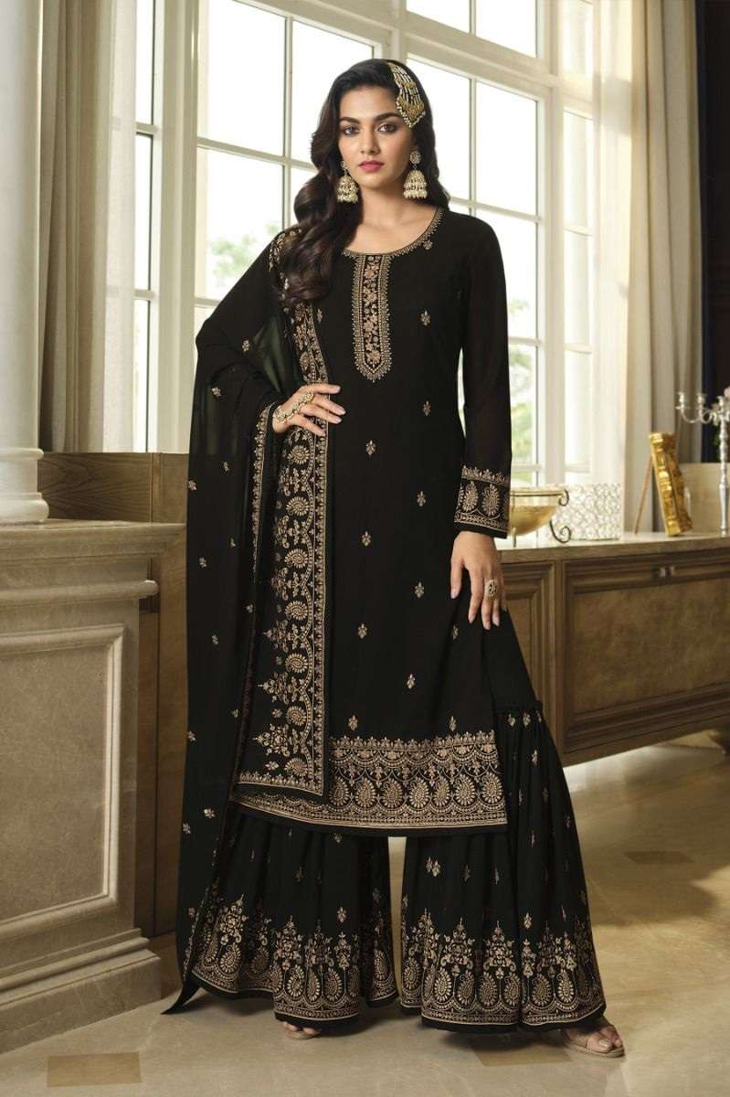 DESIGNER FANCY WEDDING PARTY WEAR HEAVY FAUX GEORGETTE BLACK SHARARA SALWAR SUIT JG LT 8306A