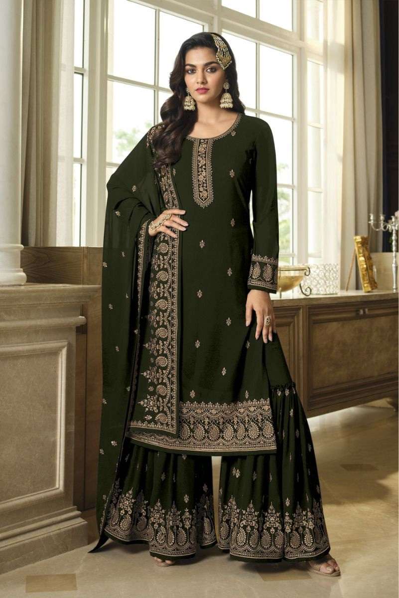 DESIGNER FANCY WEDDING PARTY WEAR HEAVY FAUX GEORGETTE MEHENDI GREEN SHARARA SALWAR SUIT JG LT 8306B