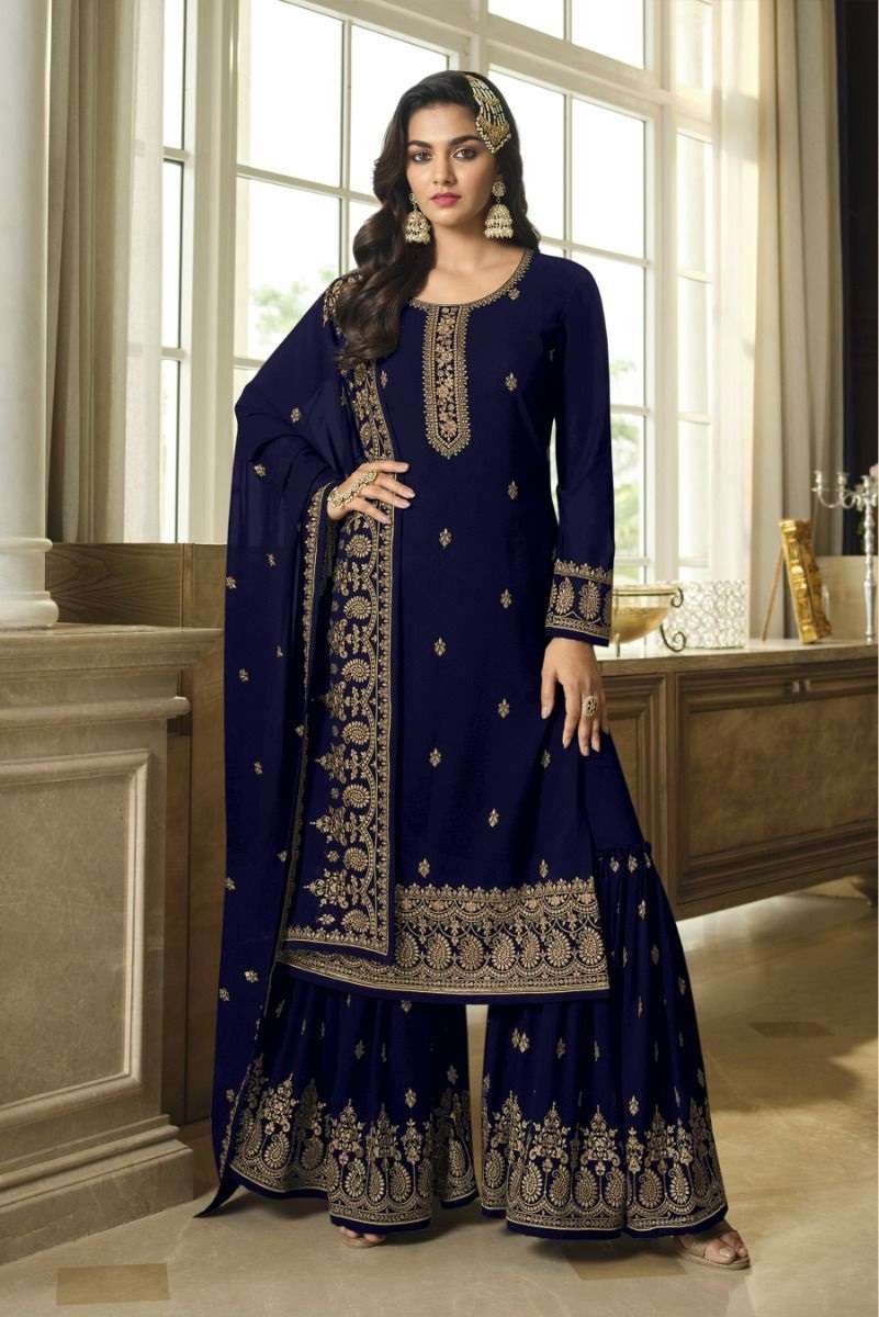 DESIGNER FANCY WEDDING PARTY WEAR HEAVY FAUX GEORGETTE BLUE SHARARA SALWAR SUIT JG LT 8306C