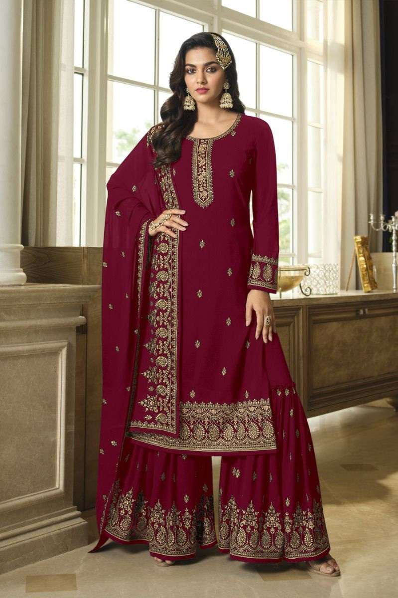 DESIGNER FANCY WEDDING PARTY WEAR HEAVY FAUX GEORGETTE RED SHARARA SALWAR SUIT JG LT 8306D