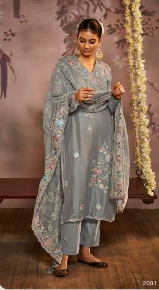 DESIGNER FANCY WEDDING PARTY WEAR HEAVY GREY PURE ORGANZA SALWAR SUIT DST KIMORA DILBARA 2081