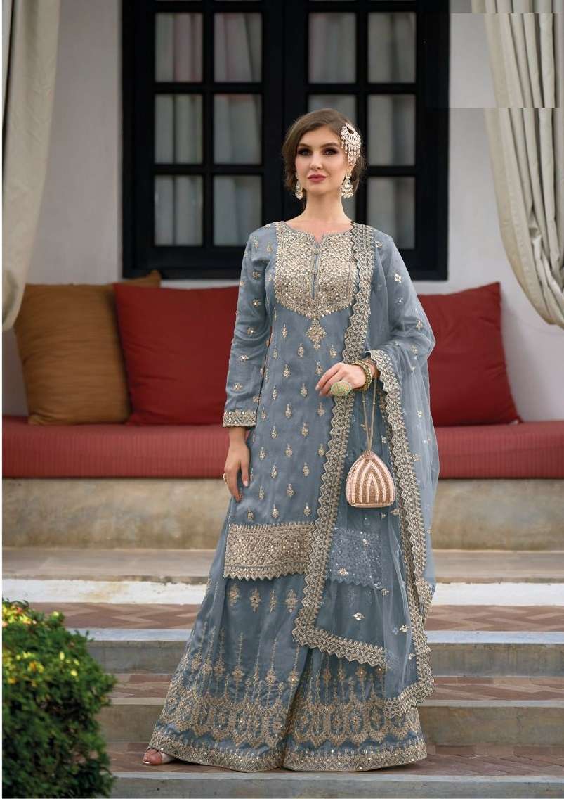 DESIGNER FANCY WEDDING PARTY WEAR HEAVY GREY SILK SHARARA PALLAZZO SALWAR SUIT 1119