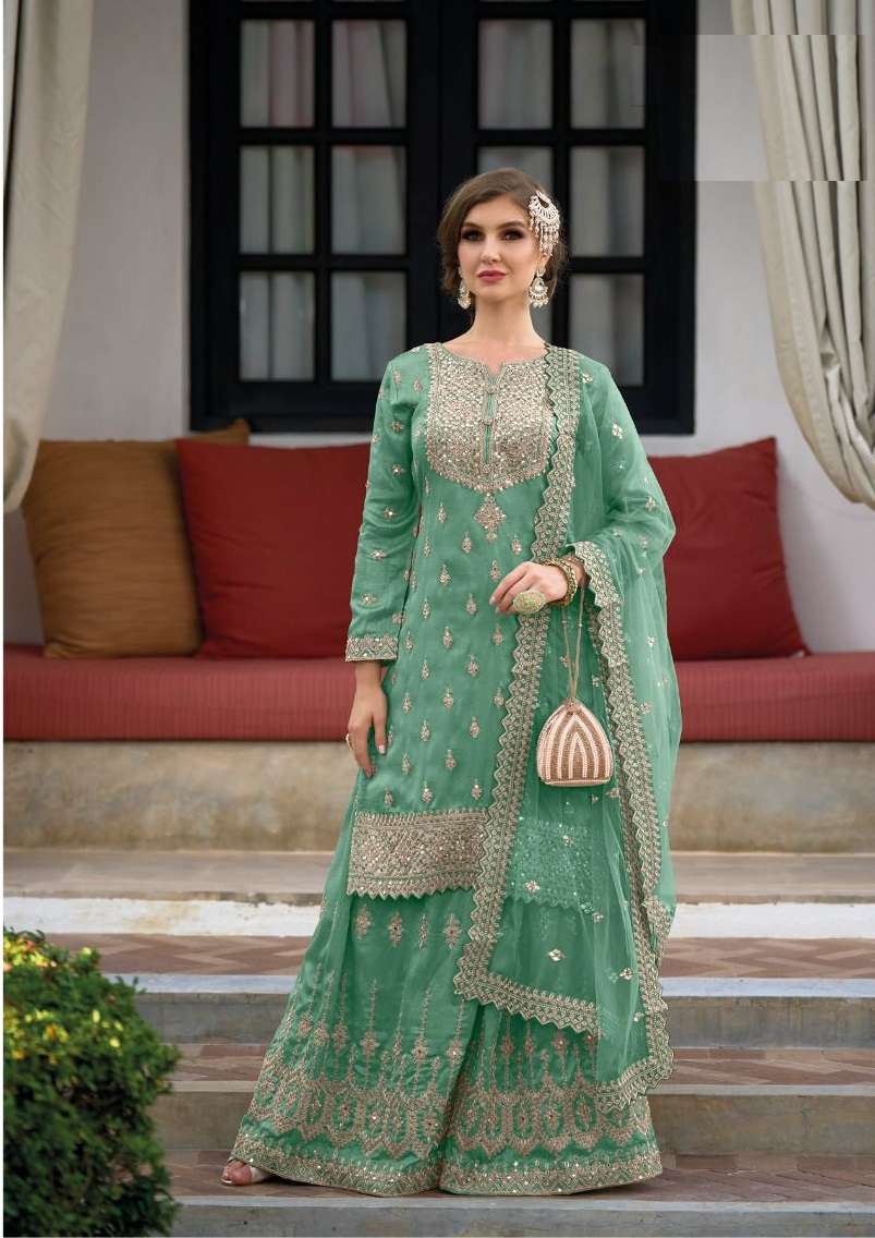 DESIGNER FANCY WEDDING PARTY WEAR HEAVY PISTA SILK SHARARA PALLAZZO SALWAR SUIT 1117