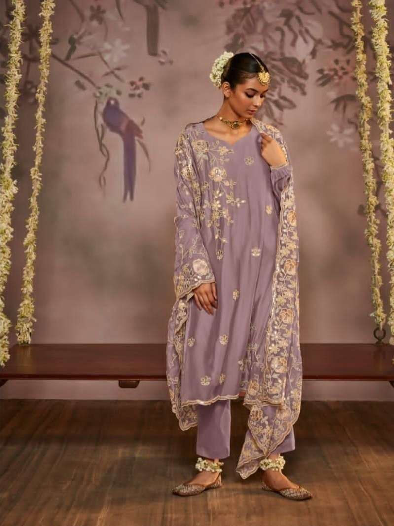 DESIGNER FANCY WEDDING PARTY WEAR HEAVY PURPLE PURE ORGANZA SALWAR SUIT DST KIMORA DILBARA 2082