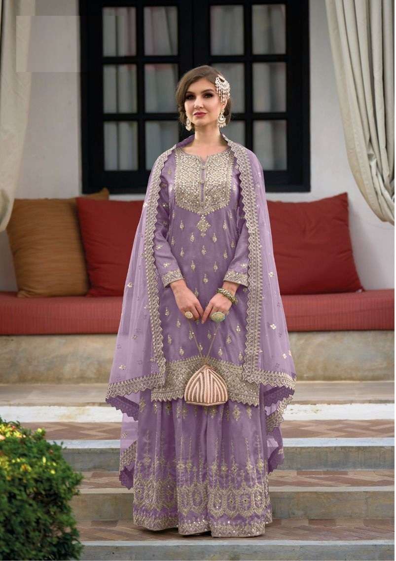 DESIGNER FANCY WEDDING PARTY WEAR HEAVY PURPLE SILK SHARARA PALLAZZO SALWAR SUIT 1120