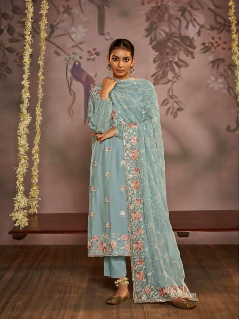 DESIGNER FANCY WEDDING PARTY WEAR HEAVY SKY BLUE PURE ORGANZA SALWAR SUIT DST KIMORA DILBARA 20871