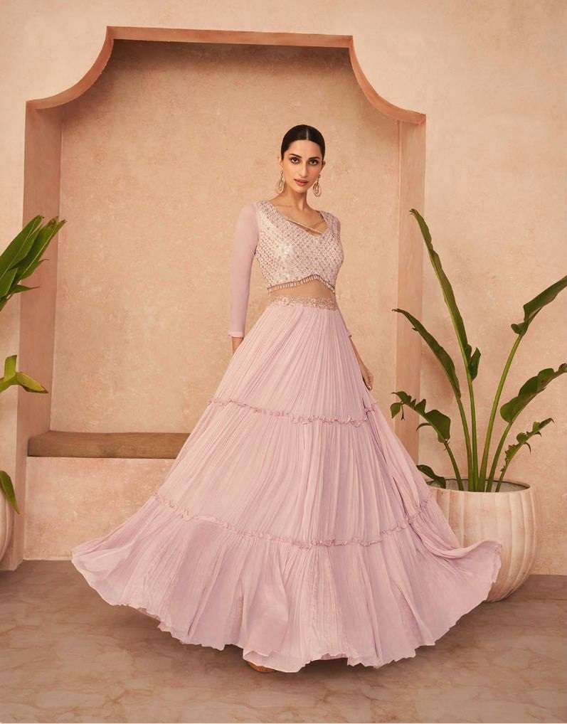 DESIGNER FANCY WEDDING PARTY WEAR LIGHT PINK READYMADE CROP TOP SALWAR SUIT SAYURI TRENDY 5242