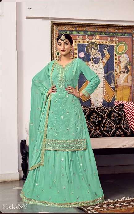 DESIGNER FANCY WEDDING PARTY WEAR PISTA GREEN SKIRT TOP STYLE SALWAR SUIT JT RADHA 895