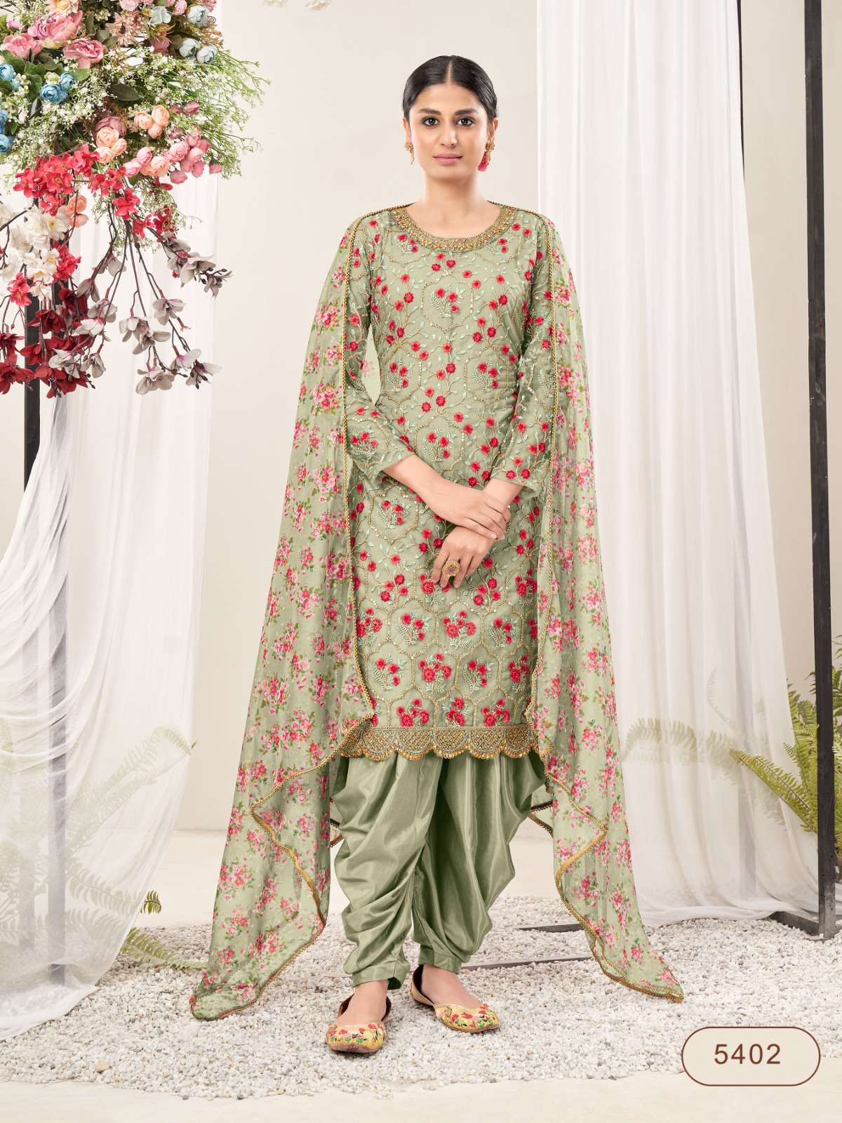 DESIGNER FANCY WEDDING PARTY WEAR PISTA PATIYALA SALWAR SUIT IN NET AANAYA 5402